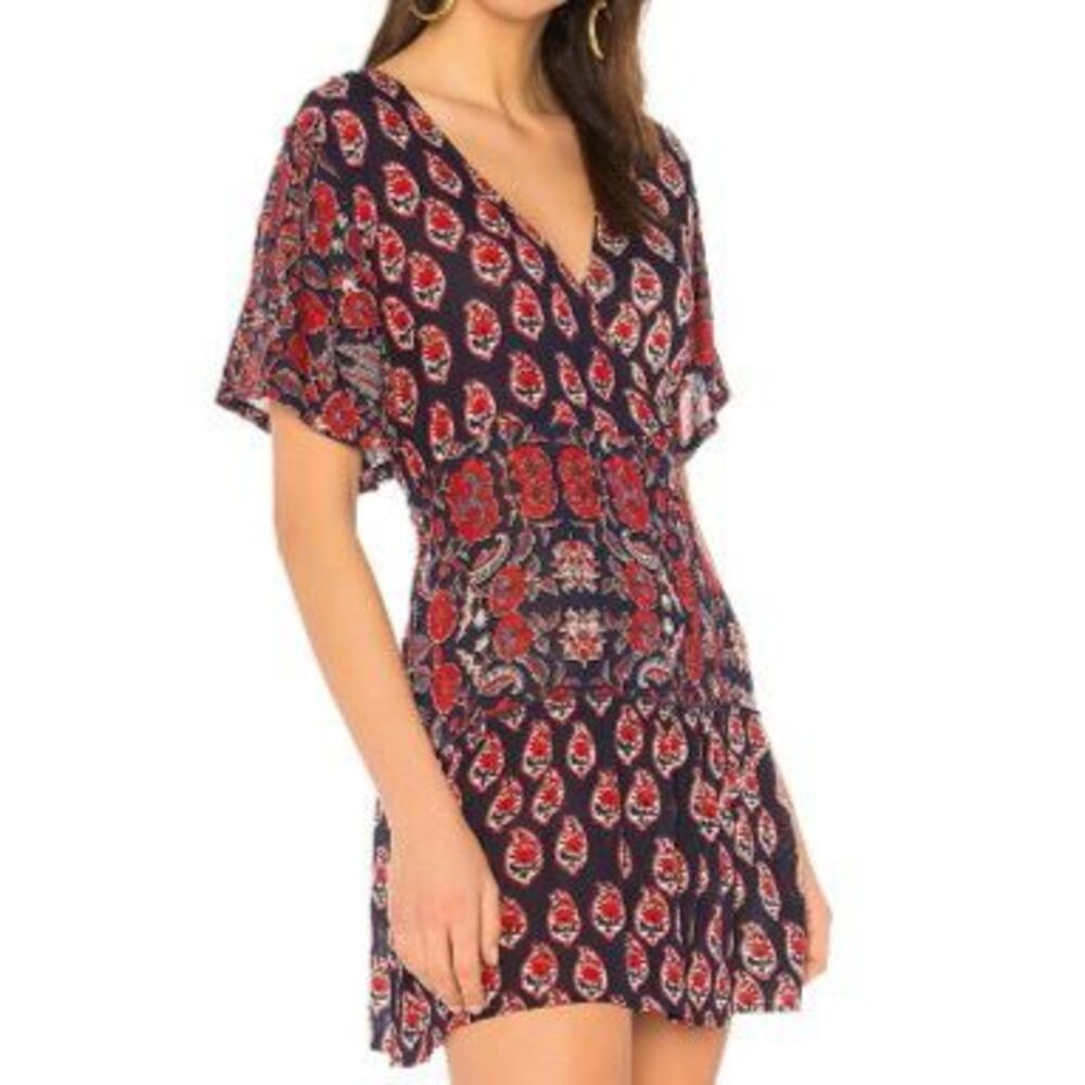Raga Infinite Nights Short Wrap Dress Navy/Red Print Tie Back Women's Small